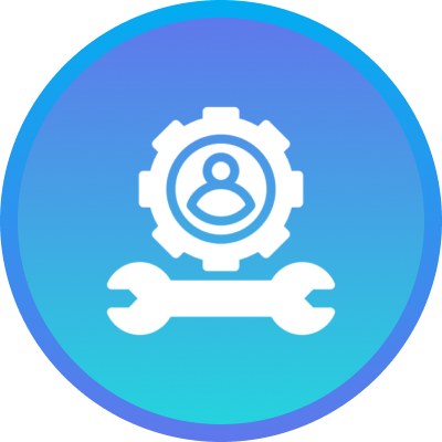 About us-1 1 A blue circular icon with a white gear containing a person symbol above a wrench, symbolizing user or technical support.
