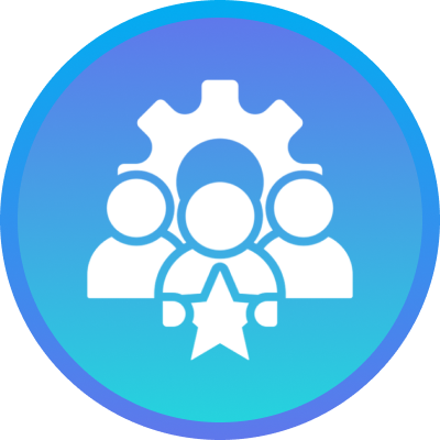 Icon with three people and a gear symbolizing teamwork and leadership with a star in front.
