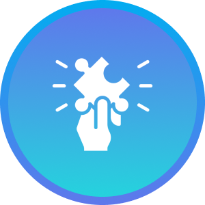 A white hand holding a puzzle piece against a blue circular background with light rays emanating from the puzzle piece.
