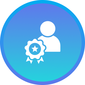 A white icon of a person with a star badge on a blue gradient circular background.