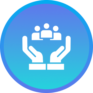 Icon of two hands holding a group of three people, symbolizing care or support for a community.