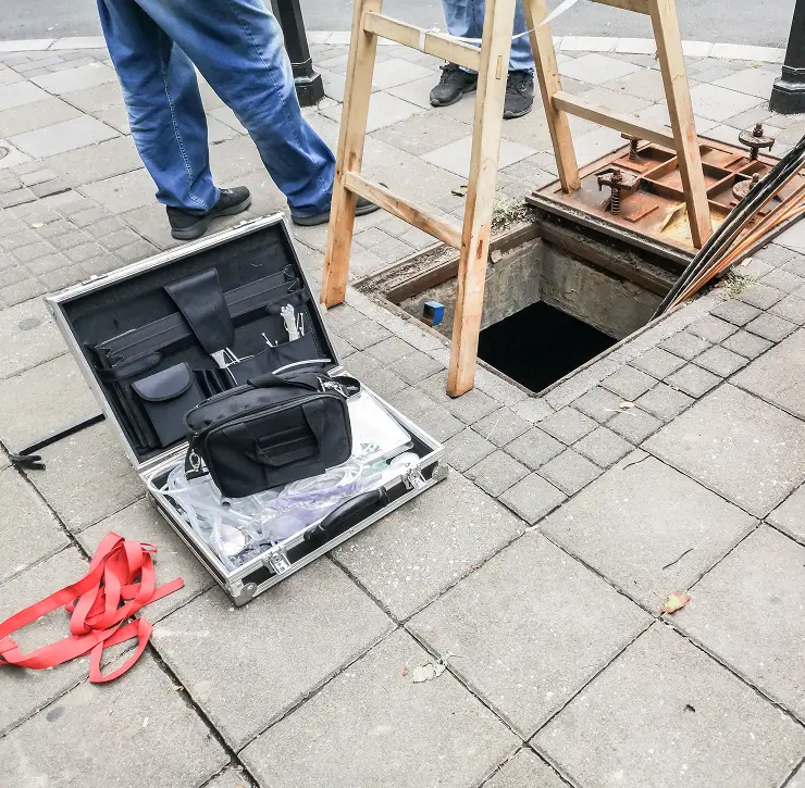 Open manhole with ladder and maintenance tools on pavement, technician's legs visible nearby.