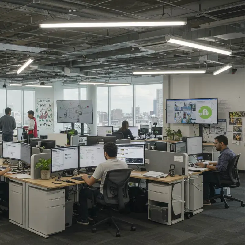 Modern office space with employees working at desks and large windows providing city views.