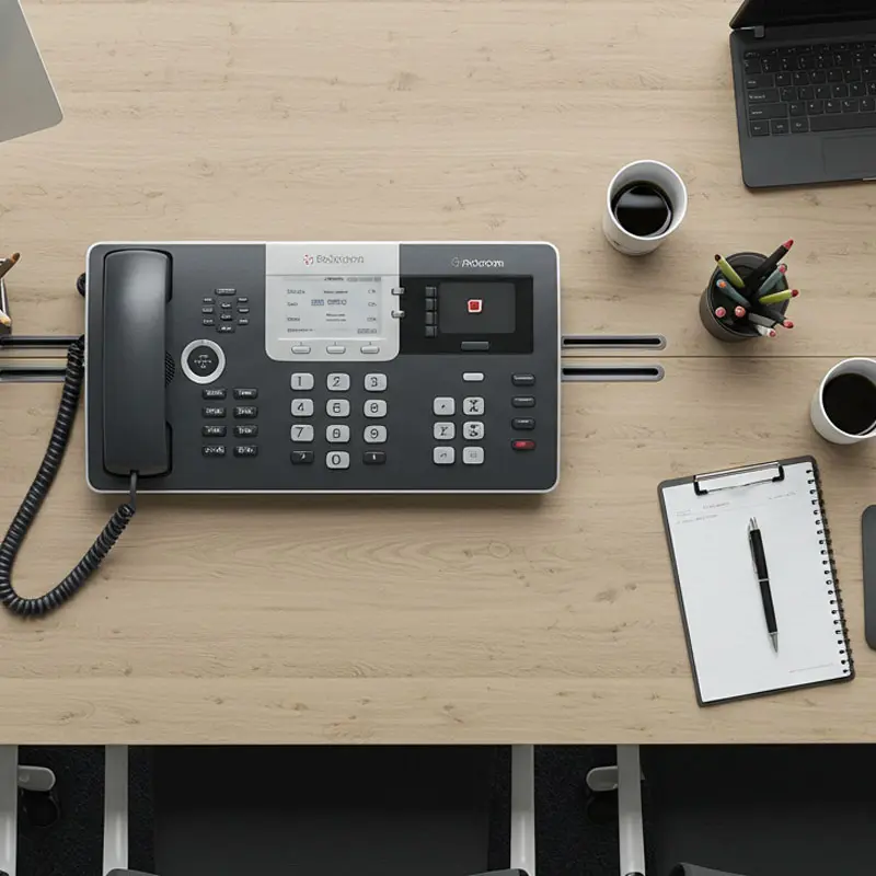 67c0a4f6c065a582edac9e33_Business-Phone-Secondary A black office phone on a wooden desk with a clipboard, pen, coffee cup, and small potted plant nearby.