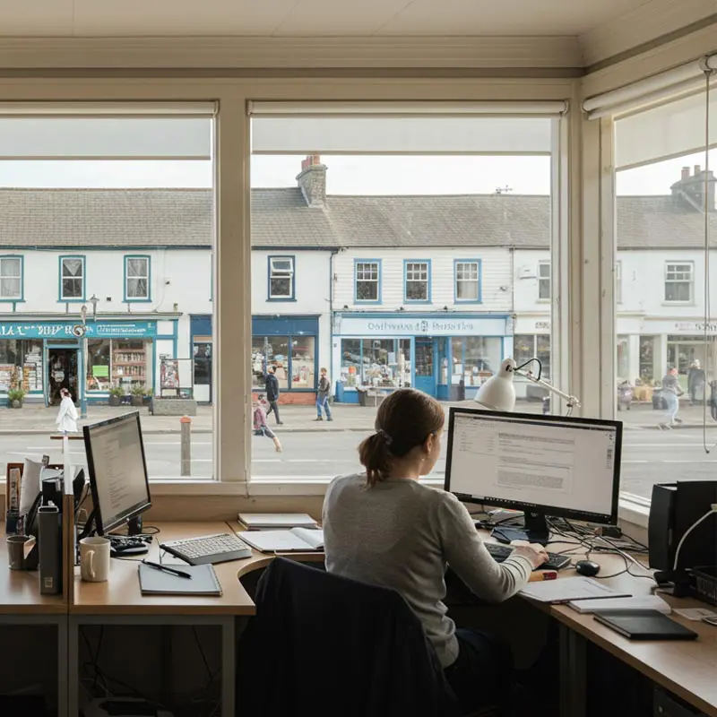 67c0a4f6c065a582edac9e34_SD-Wan-Secondary Person working on a computer in a modern office with large windows overlooking a street and buildings outside.