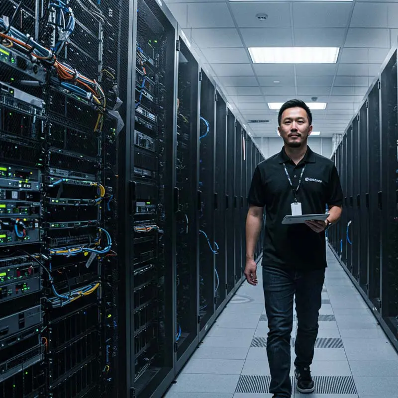 67c0a4f6c065a582edac9e36_Data-Center-Secondary A technician walking through a data center aisle with server racks on both sides, holding a tablet and wearing a work badge.