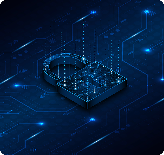 Frame 2095584957 (1) A glowing blue digital padlock symbolizing cybersecurity and data protection on a circuit board background.